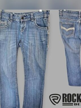 Rock and Roll Cowgirl LOW Rise Bootcut Western Denim Blue Jeans Womens 30X34